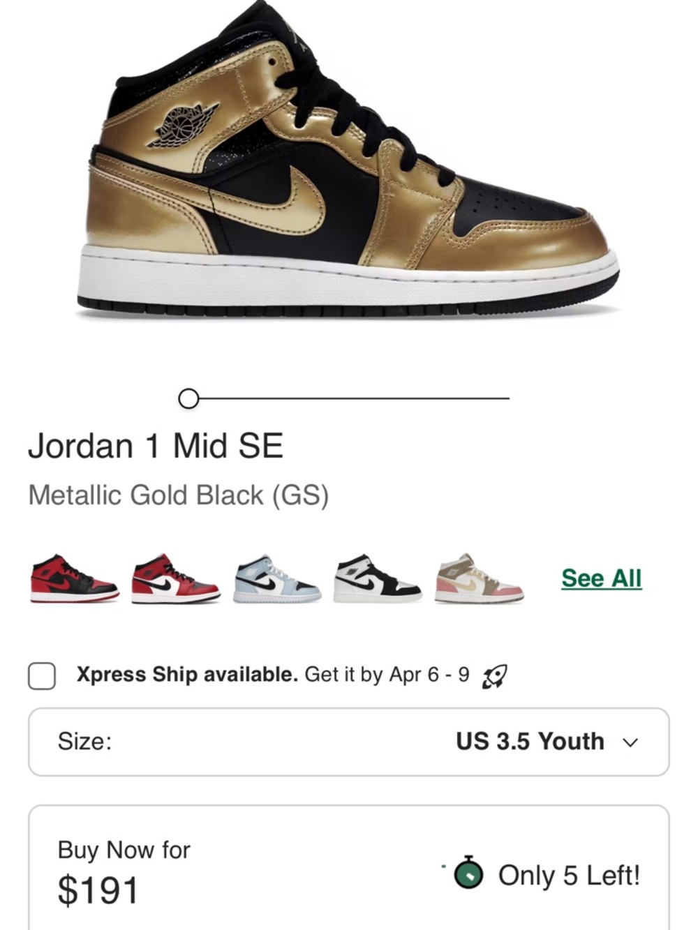 Little Boys Jordan 1 Mid SE Metallic Gold Black (GS) Size 2.5